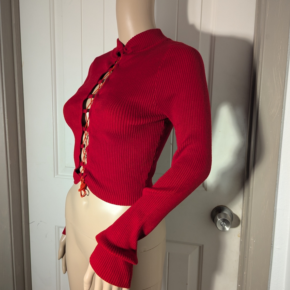 Red Ribbed Long Sleeve Top